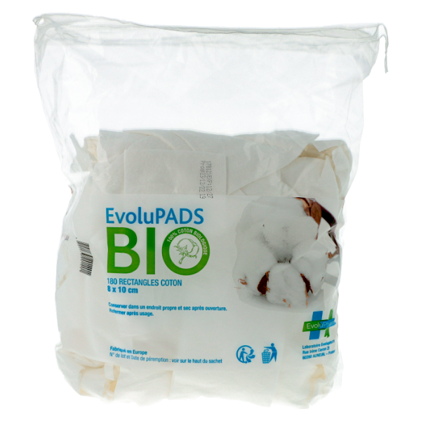 Coton rectangle Bio Evolupads Evolupharm 8x10 cm Sachet de 180