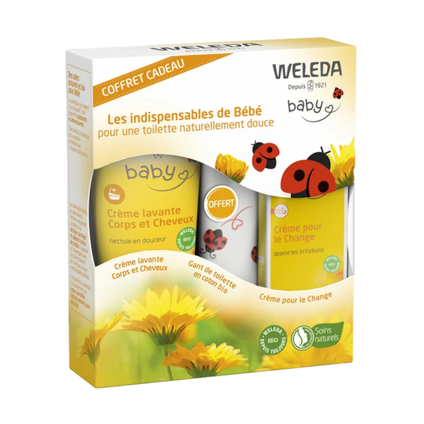 Coffret cadeau - Crème lavante - Gant de toilette offert - Crème pour le change Weleda bébé